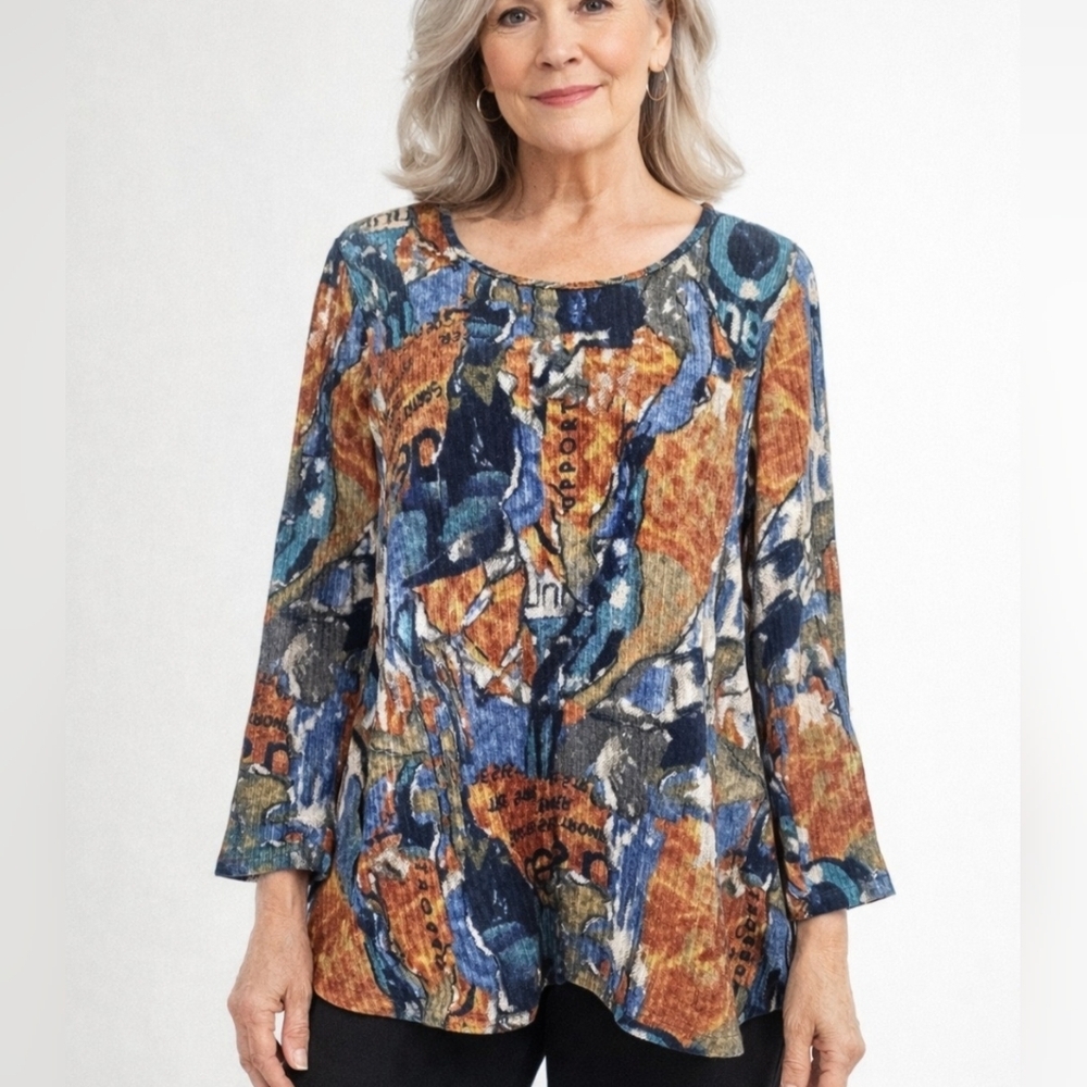 Pure Essence Womans Abstract Print Top Size Medium Blue Brown Stretch Canada